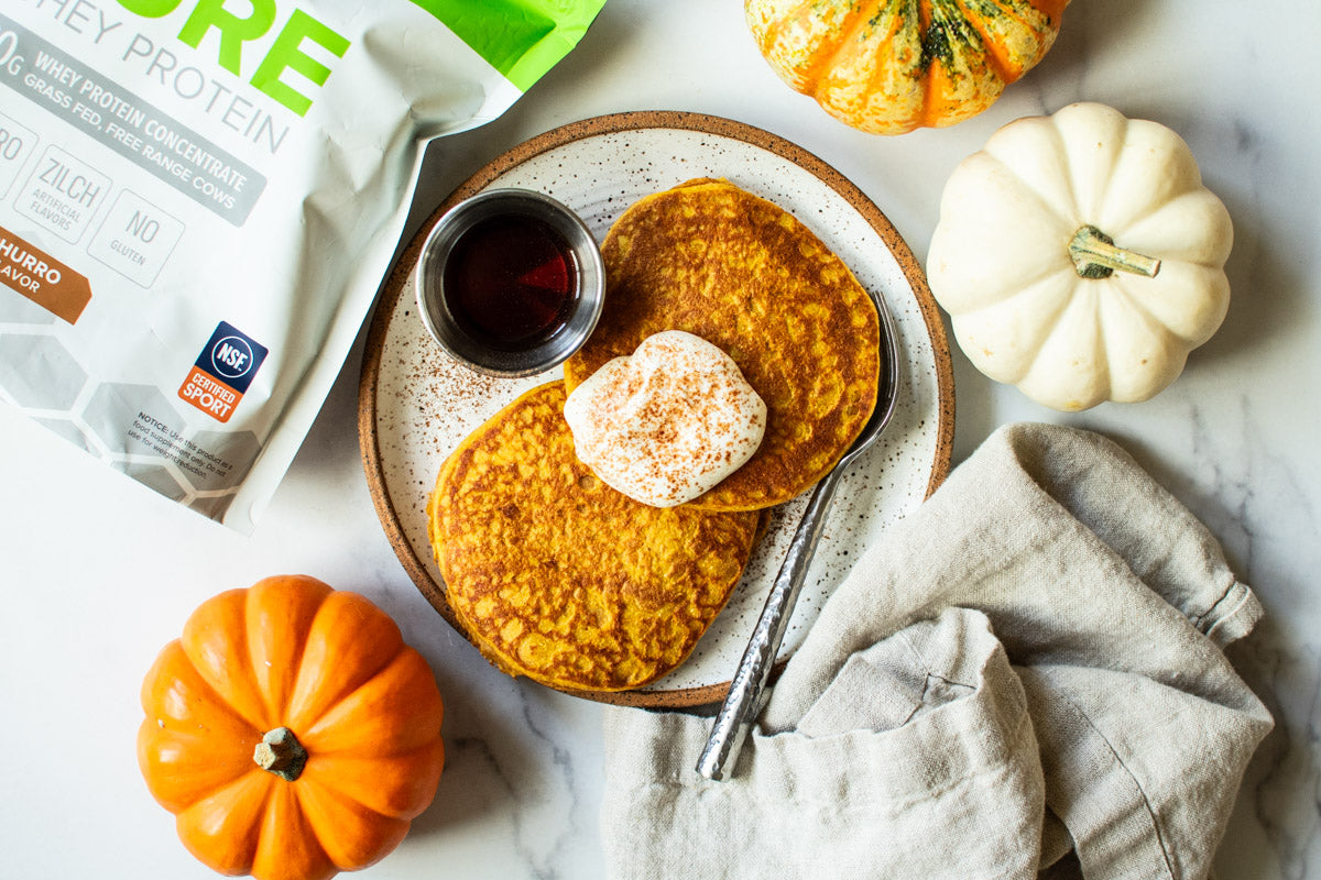 High Protein Pumpkin Churro Pancakes